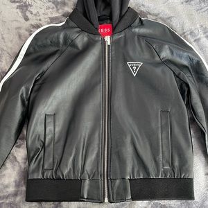 Black leather jacket w/ white and red stripes on the side, w/black hood/pockets.